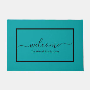Paillasson Turquoise moderne script noir nom de famille