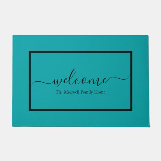 Paillasson Turquoise moderne script noir nom de famille (Devant)