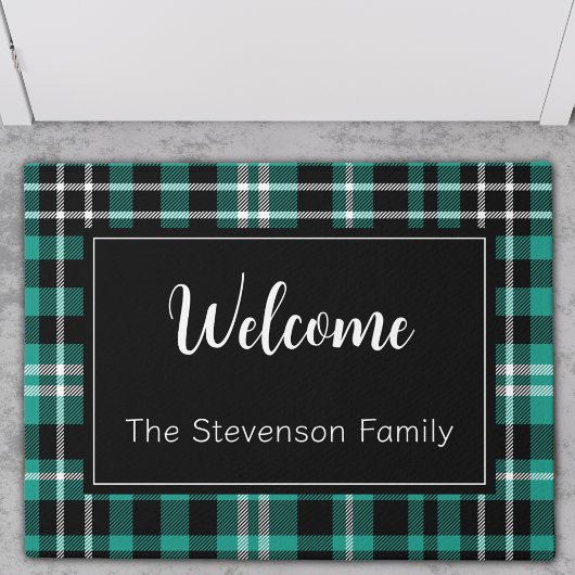 Paillasson Turquoise Plaid Welcome Monogramme Nom de famille