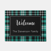 Paillasson Turquoise Plaid Welcome Monogramme Nom de famille (Devant)