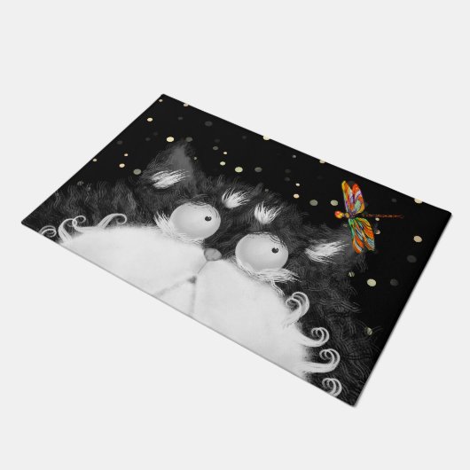 Paillasson Tuxedo Cat surpris par la libellule (Incliné)