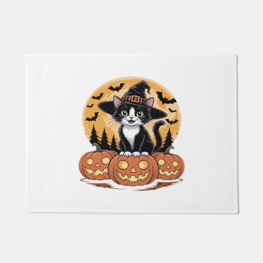Paillasson Tuxedo Chat Halloween Sorcière mignonne Citrouille (Devant)
