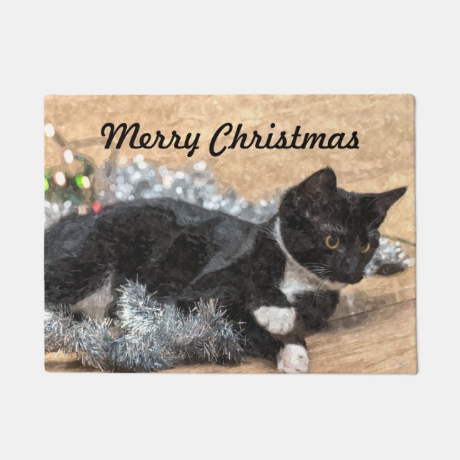 Paillasson Tuxedo Kitten Tinsel and Lights Door Mat (Devant)
