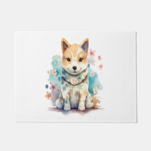 Paillasson Un mignon chien au bon comportement dans un floral