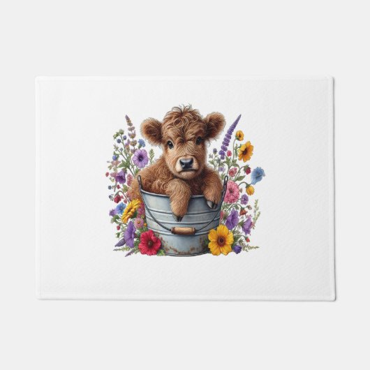Paillasson Vache Highland dans le seau à fleurs, mignonne (Devant)