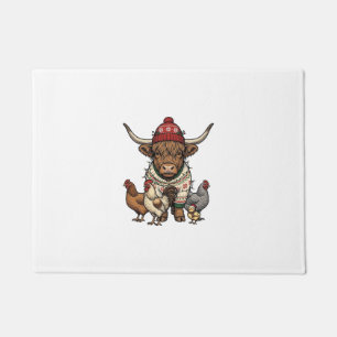 Paillasson Vache Highland et poulets de Noël Gravure vintage