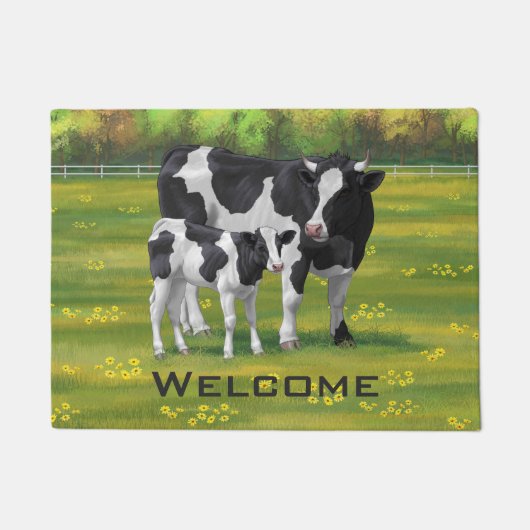 Paillasson Vache Holstein et veau mignon en pâturage d'été (Devant)