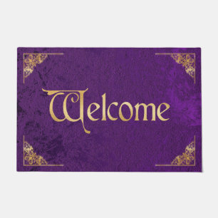 Paillasson Velours violet vintage et bienvenue or