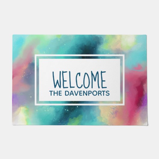 Paillasson Vert moderne et espace rouge Nebula Aquarelle Bien (Devant)