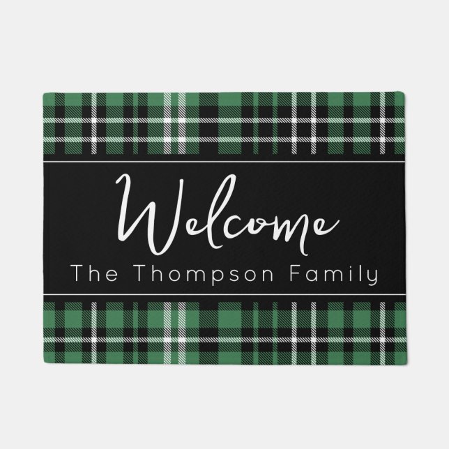 Paillasson Vert Plaid Bienvenue Monogramme Nom de famille Doo (Devant)