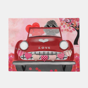 Paillasson Voiture de chien caniche avec coeurs Saint-Valenti