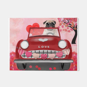 Paillasson Voiture de chien Pug avec coeurs Saint-Valentin