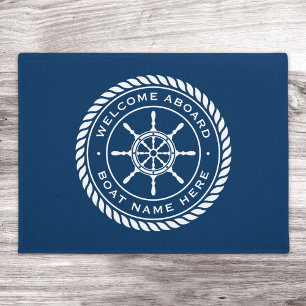 Paillasson Welcome aboard boat name rope nautical ship wheel
