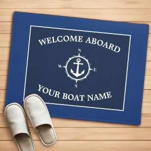 Paillasson Welcome Aboard Compass Anchor Boat Name Blue