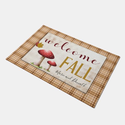 Paillasson Welcome Fall Champignons Orange Plaid Ajouter un n (Incliné)