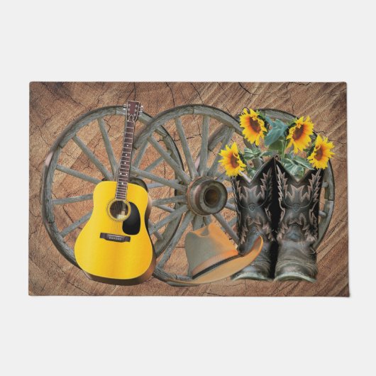 Paillasson Western Wagon Wheel Guitar Cowboy bottes tournesol (Devant)