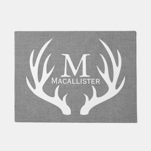Paillasson White Deer Buck Antlers et Faux Grey Burlap (Devant)