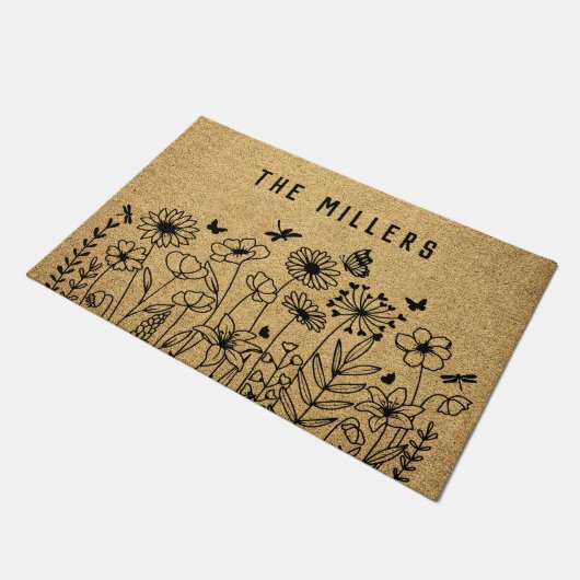 Paillasson Wildflower Line Art Personalized Welcome Custom (Incliné)