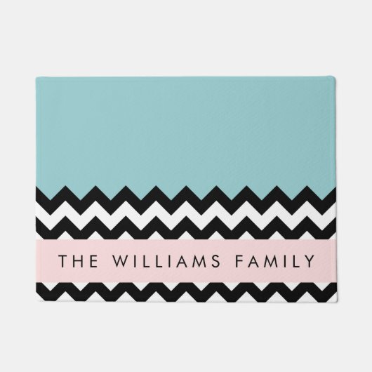Paillasson Zigzag noir et blanc, Chevron, Bleu, Votre nom (Devant)