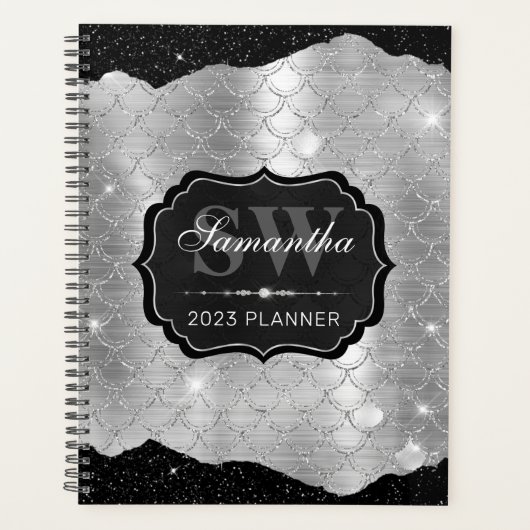 Paillettes Noir & Argent Mermaid Scale Monogramme (Devant)