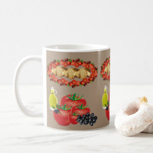Pain beige, huile d'olive, olives, mug tomate