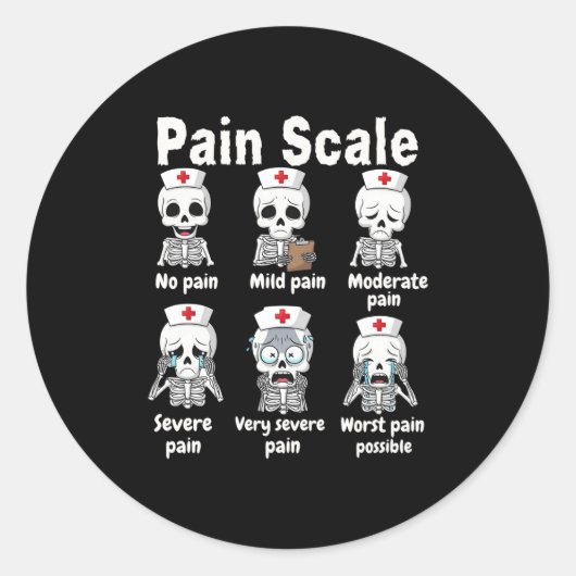 Pain Scale Cute Nurse Skeleton Halloween Trauma Fu Ronde Sticker (Voorkant)