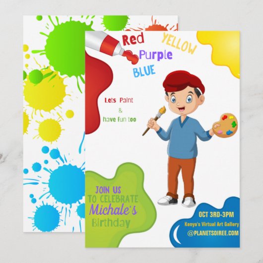 Paint Birthday Invitation Card (Garçon) (Devant / Derrière)