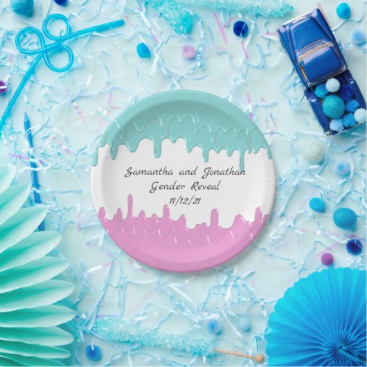Paint Drips Geslacht onthullen Roze Blauw Custom Papieren Bordje (Feest)
