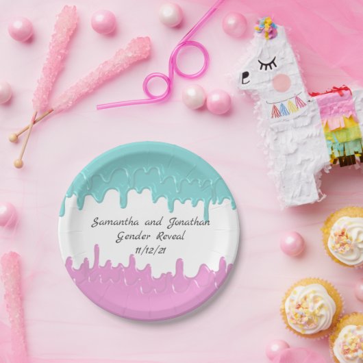 Paint Drips Geslacht onthullen Roze Blauw Custom Papieren Bordje (Feest)