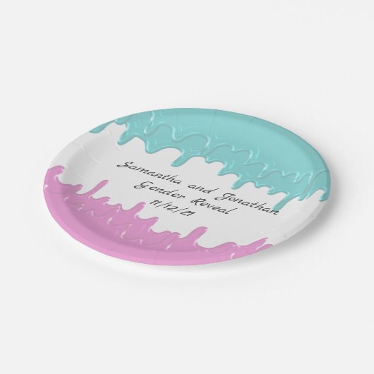Paint Drips Geslacht onthullen Roze Blauw Custom Papieren Bordje (Gekanteld)
