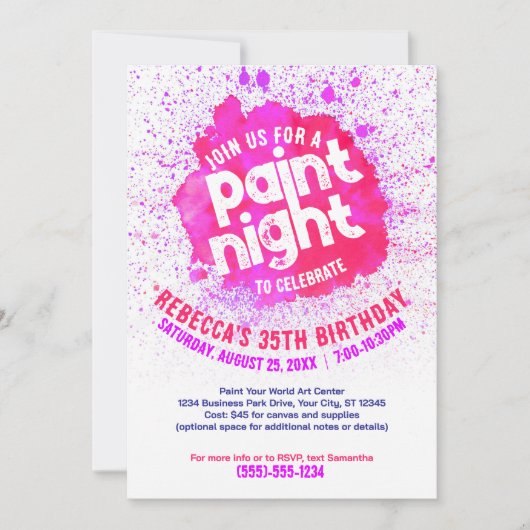 Paint Night Anniversaire Invitation - Rose Chaud (Devant)