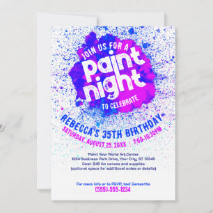 Paint Night Birthday Uitnodigen - Blauw Kaart