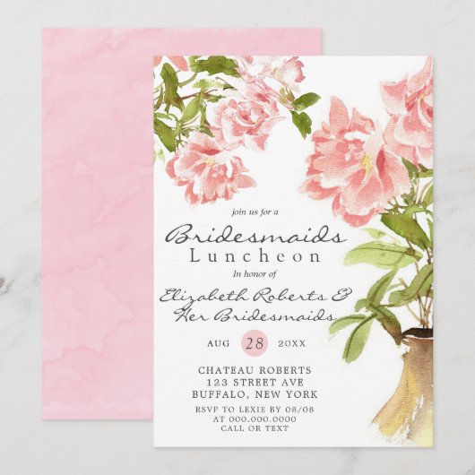 Paint Pink Peony Bridesmaids Invitations de déjeun (Devant / Derrière)