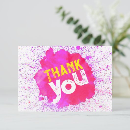 Paint Splatter Dank U - Roze op Wit Bedankkaart (Staand voorkant)