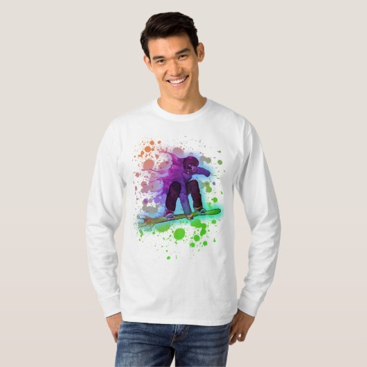 Paint splatter regenboog snowboarder mannen lange t-shirt (Voorkant volledig)