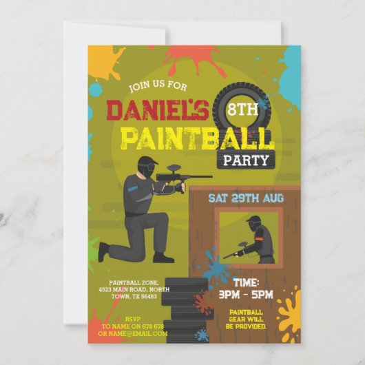 Paintball Anniversaire Invitation Garçons Peindre (Devant)