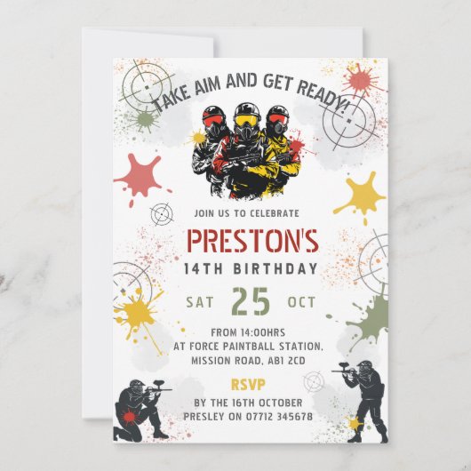 Paintball Birthday Invitation Take Aim & Get Ready (Devant)