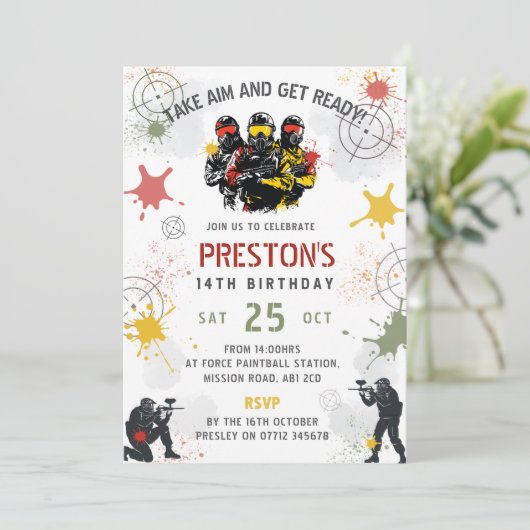 Paintball Birthday Invitation Take Aim & Get Ready Kaart (Staand voorkant)