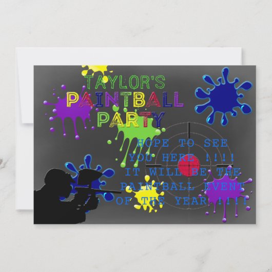 Paintball Party Chalkboard Grey Splat Invitation (Dos)