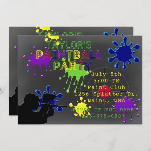 Paintball Party Krijtbord Grijs Splat Uitnodiging (Voorkant / Achterkant)