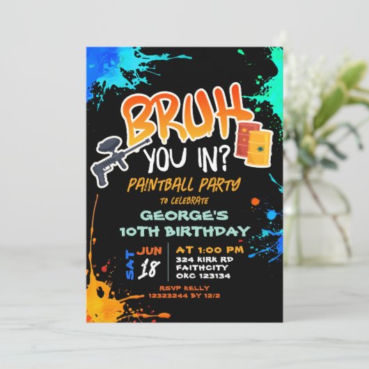 Paintball tiener bruh je in verjaardagsfeestje kaart (Staand voorkant)
