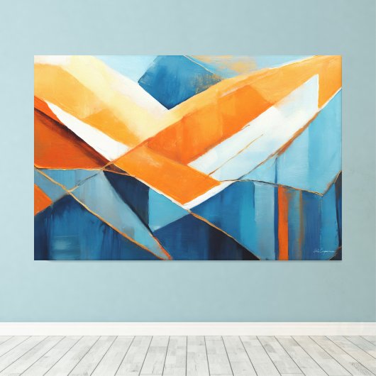 Painted abstract art in Blue orange  Canvas Afdruk (Insitu (Houten vloer))