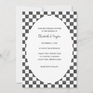 Painted Black and White Check Pattern Wedding Kaart