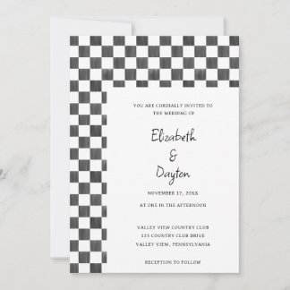 Painted Black and White Check Pattern Wedding Kaart