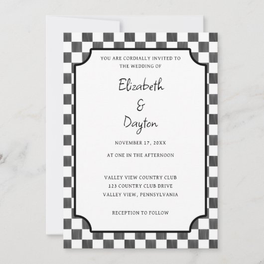 Painted Black Checkerboard Pattern Wedding Kaart (Voorkant)