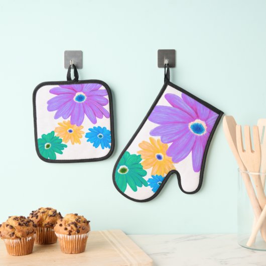Painted Bold Blooming Flower Design Ovenwant & Pannenlap Set (Insitu(Ophanging))