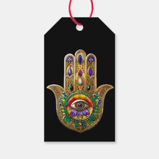 Painted Gold Hamsa Amethyst Ruby Third Eye Cadeaulabel (Voorkant)