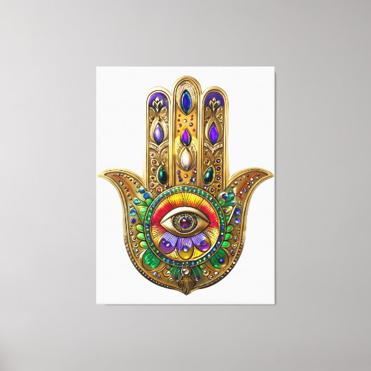 Painted Gold Hamsa Amethyst Ruby Third Eye Canvas Afdruk (Voorkant)