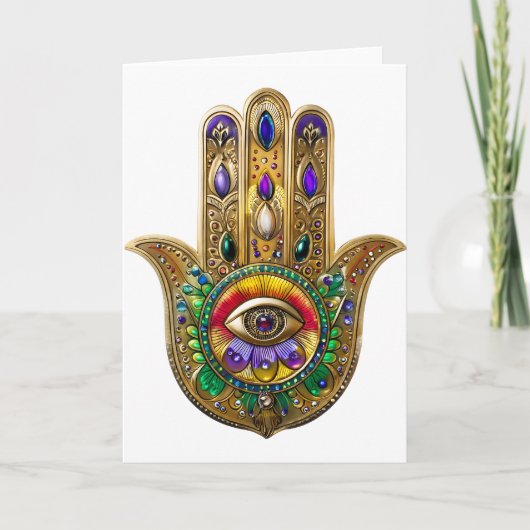 Painted Gold Hamsa Amethyst Ruby Third Eye Kaart (Voorkant)