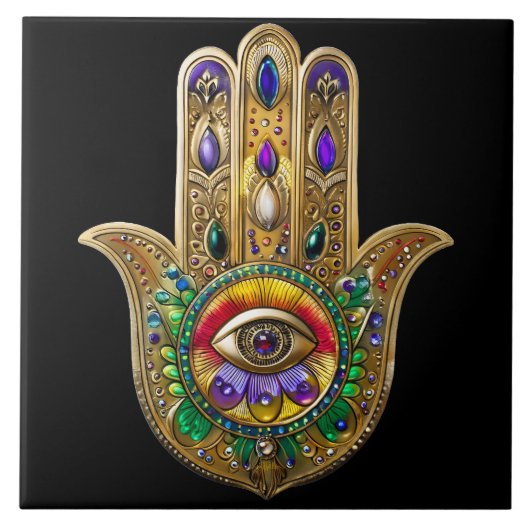 Painted Gold Hamsa Amethyst Ruby Third Eye Tegeltje (Voorkant)